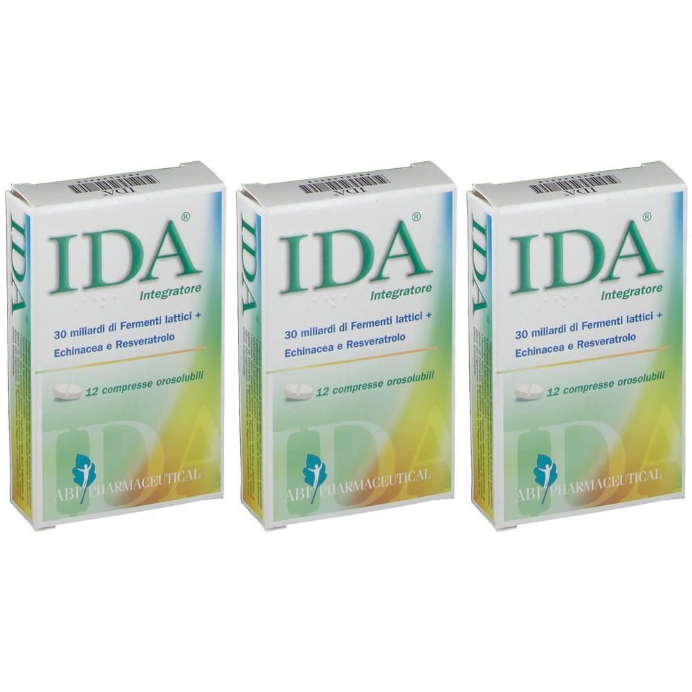 Tre confezioni di IDA Integratore con 12 compresse orosolubili, Fermenti lattici, Echinacea e Resveratrolo.