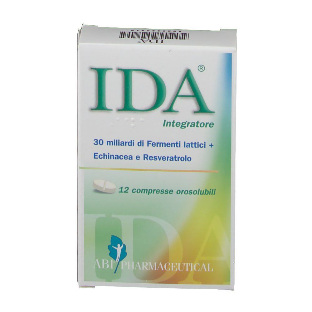 Una confezione di IDA Integratore con 12 compresse orosolubili, Fermenti lattici, Echinacea e Resveratrolo.