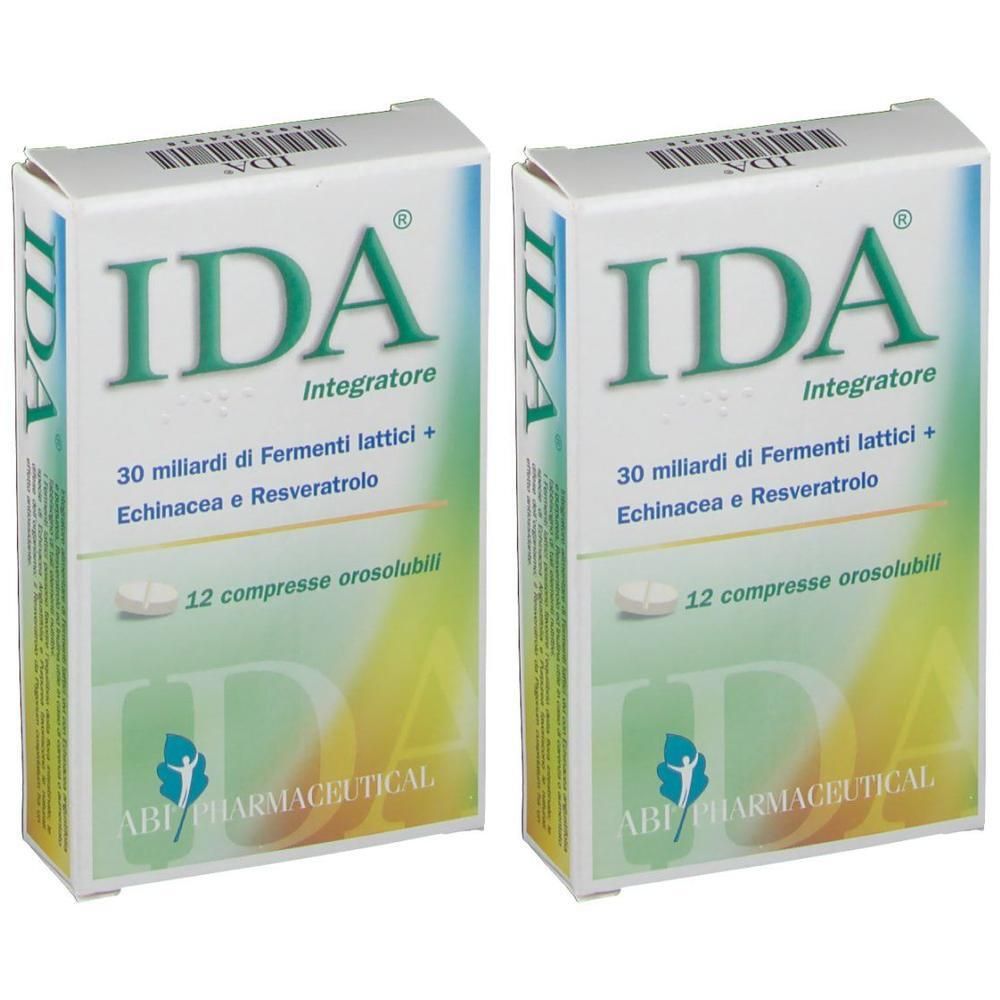 Due confezioni di IDA Integratore con 12 compresse orosolubili, Fermenti lattici, Echinacea e Resveratrolo.