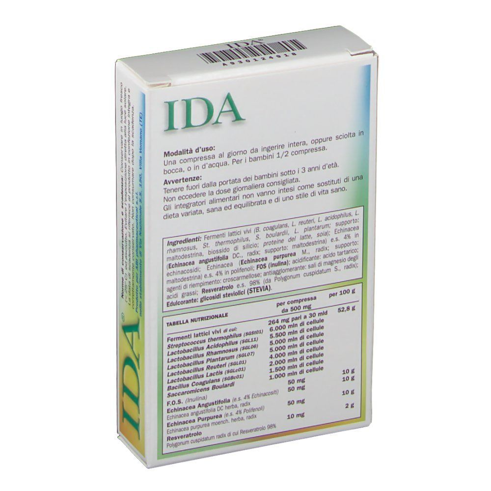 Retro di una confezione di IDA Integratore con modalità d'uso, ingredienti e tabella nutrizionale.