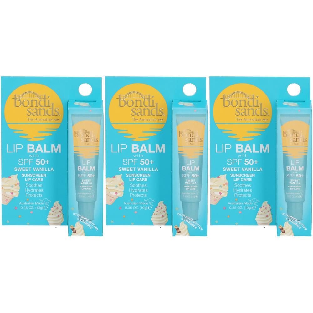 Tre balsami labbra Bondi Sands SPF 50+ vaniglia, ciascuno in confezione con illustrazioni di gelato.