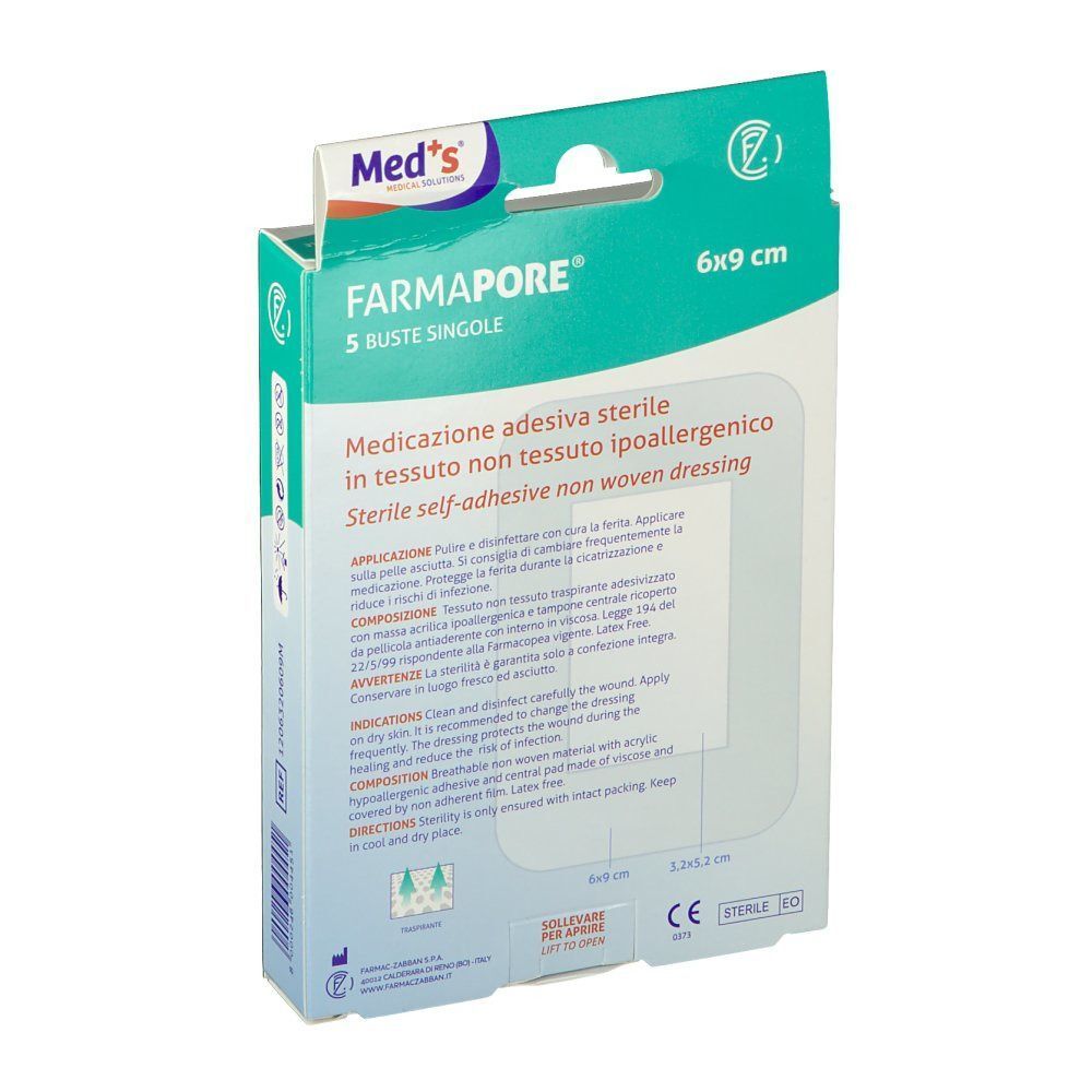 Una confezione di medicazioni autoadesive non tessute sterili Med's Farmapore, 6x9 cm.