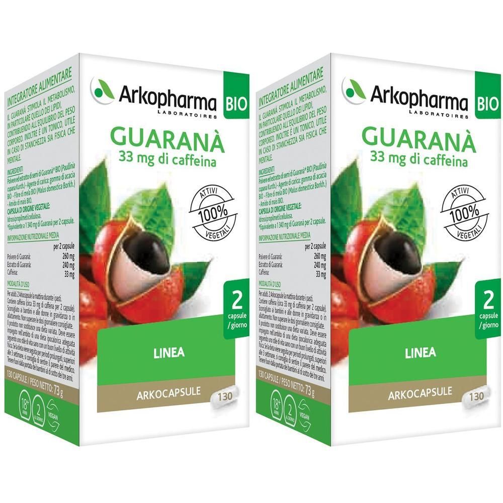 Due confezioni Arkopharma Guaranà Bio Arkocapsule da 2 capsule ciascuna. Mostra frutti e foglie di Guaranà.