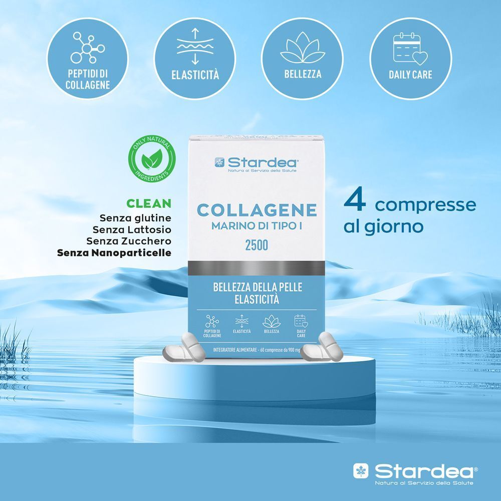 Confezione Stardea Collagene 2500 con simboli per peptidi, elasticità, bellezza e cura quotidiana.