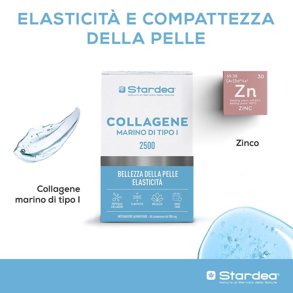 Confezione Stardea Collagene 2500 con texture gel e simbolo zinco, che evidenziano elasticità e compattezza pelle.