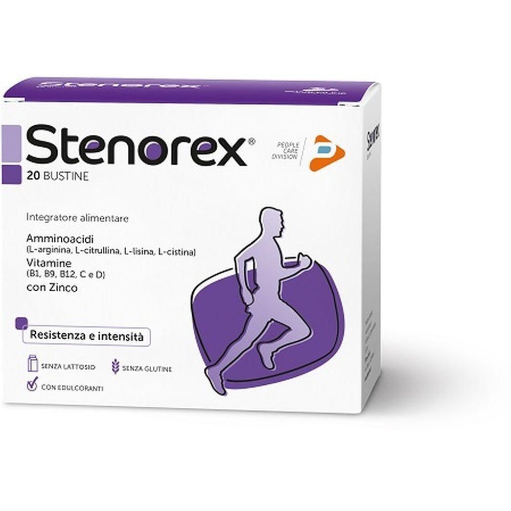 Confezione di Stenorex 20 Bustine, integratore alimentare con aminoacidi e vitamine.