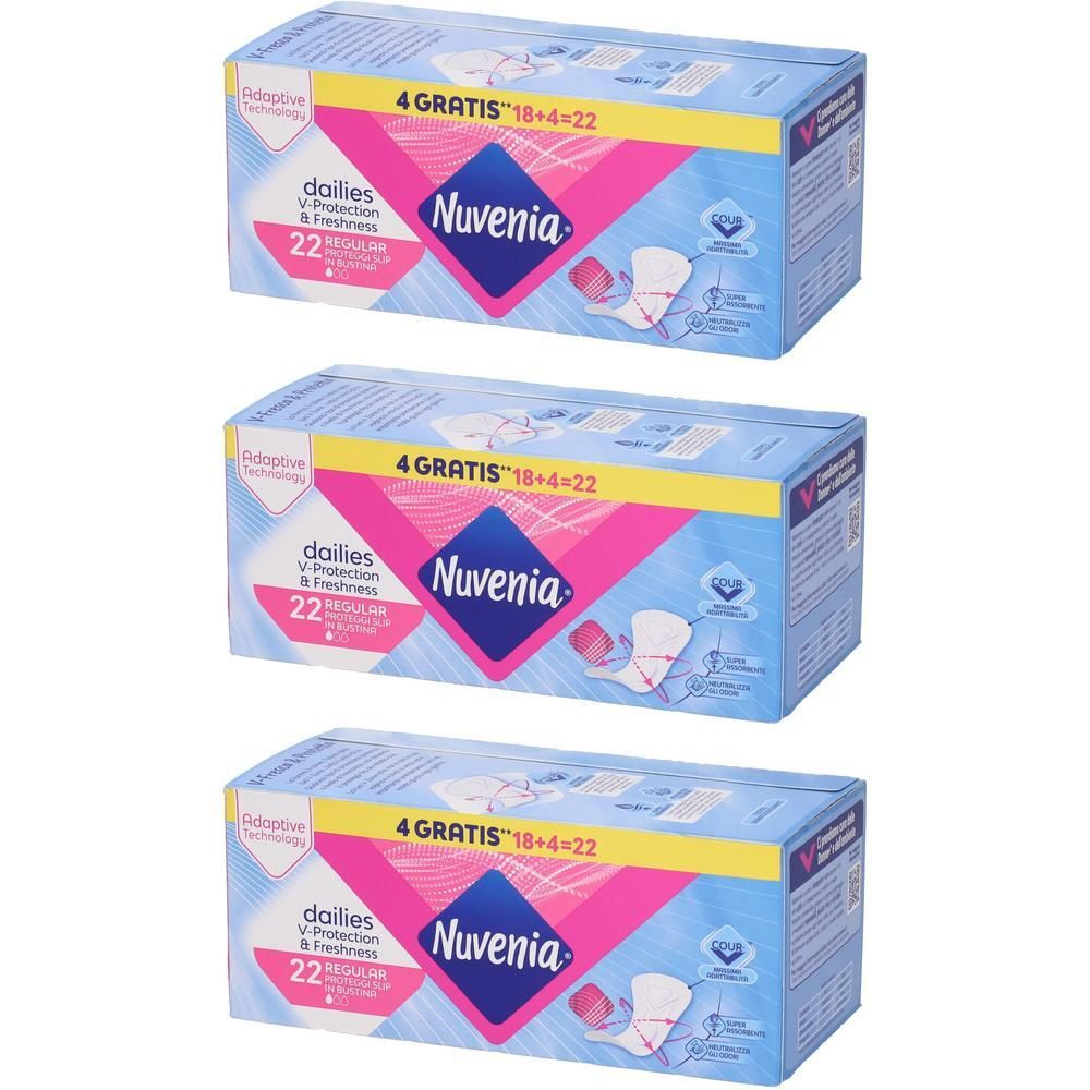 Tre confezioni di salvaslip Nuvenia da 22 pezzi ciascuna. V-Protection & Freshness.