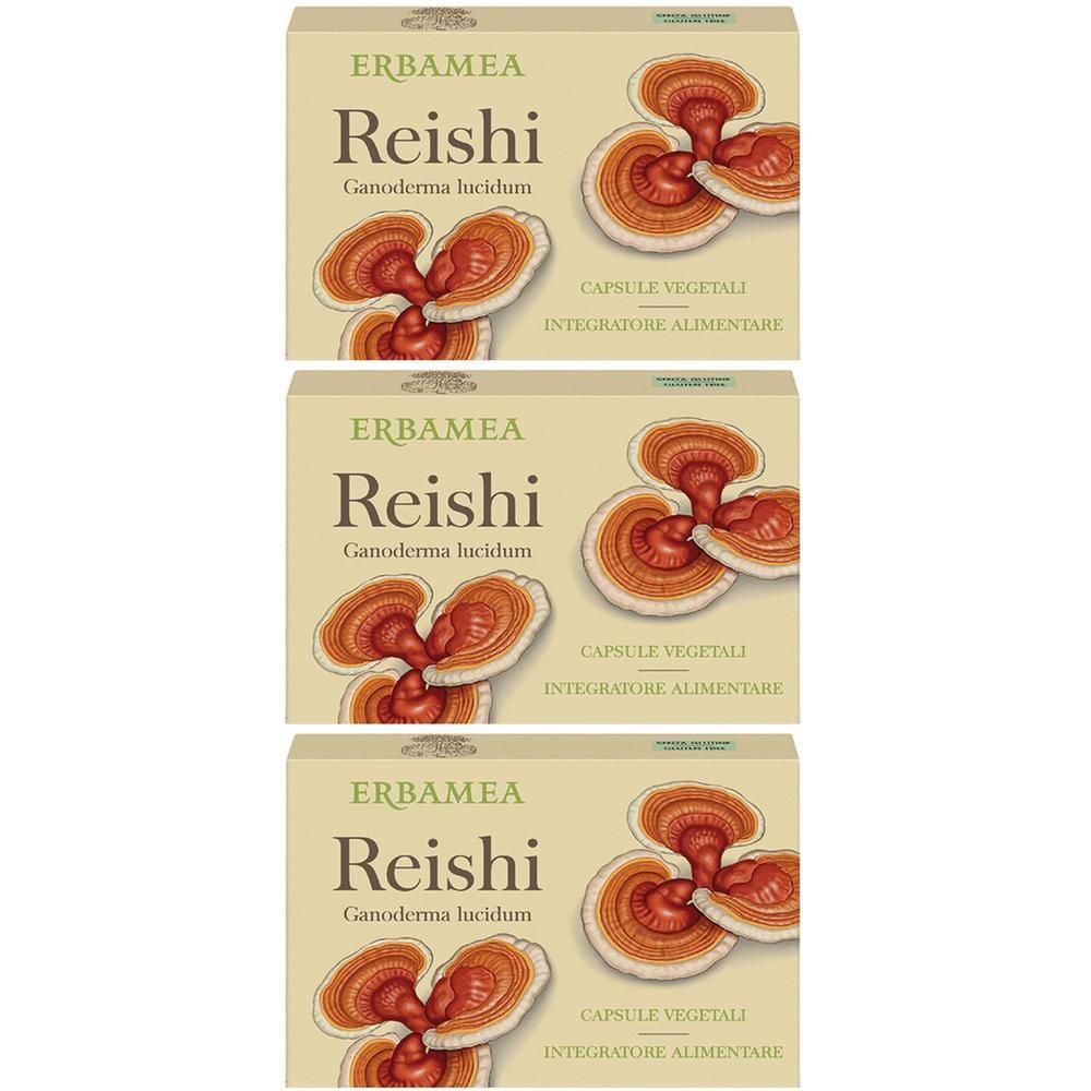 Tre confezioni di capsule Erbamea Reishi con illustrazione del fungo Ganoderma lucidum.