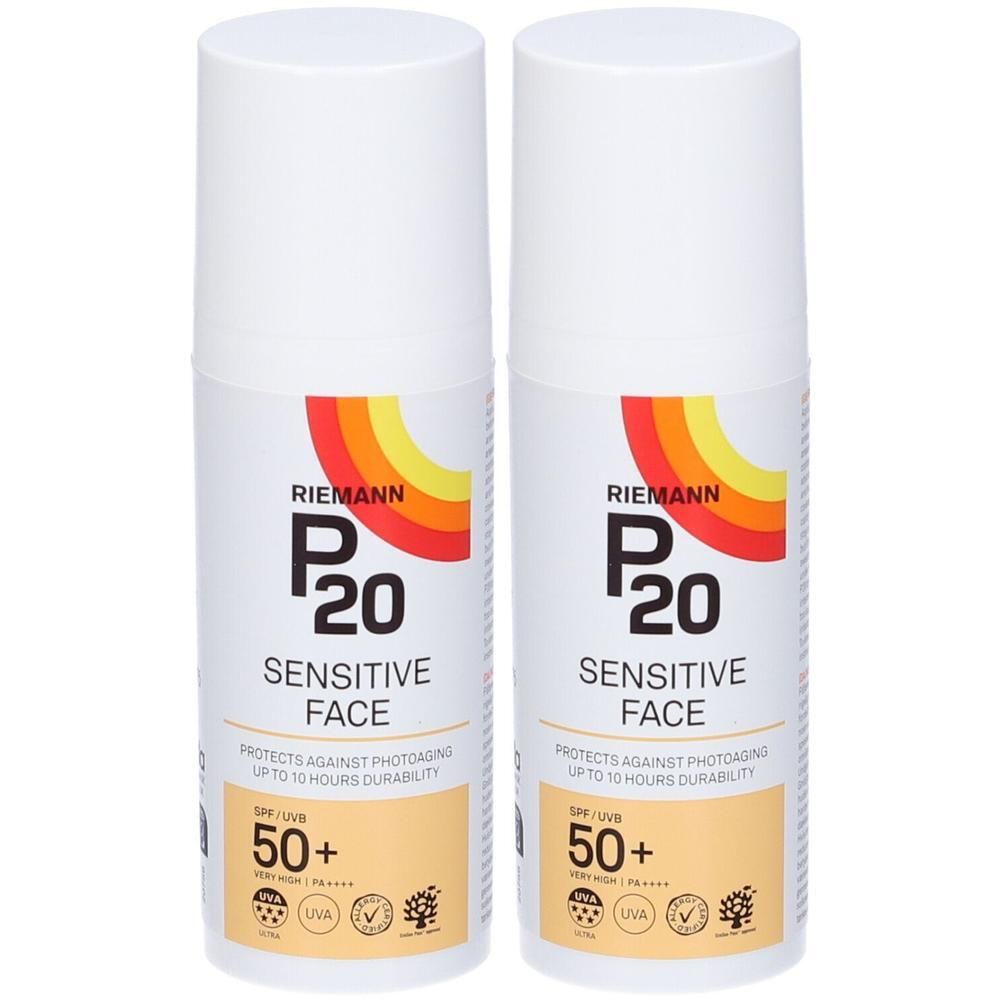 Due flaconi di P20 Sensitive Face Protezione Solare SPF 50+. Protegge dal fotoinvecchiamento fino a 10 ore.