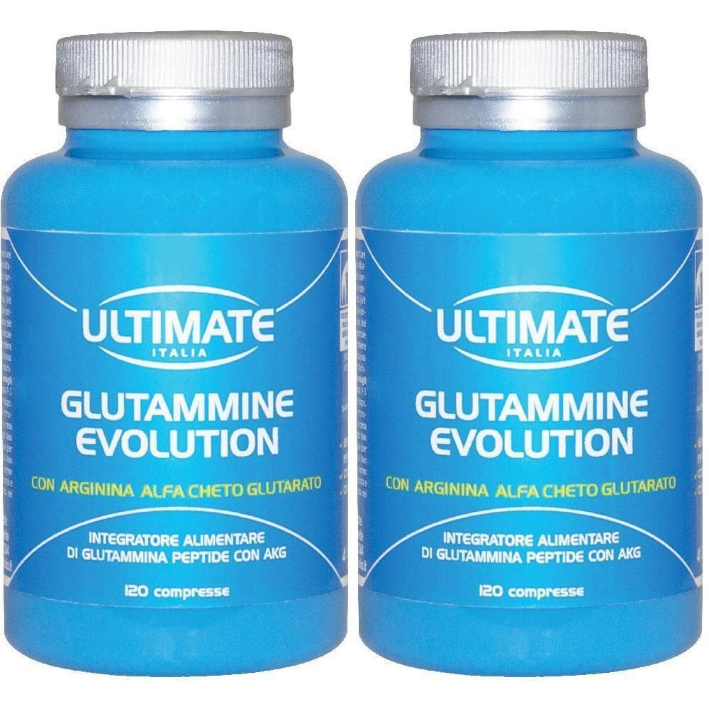 Due flaconi blu con "ULTIMATE ITALIA GLUTAMINE EVOLUTION" e 120 compresse.