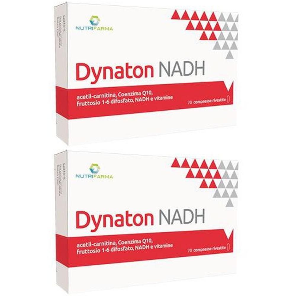 Due confezioni di Dynaton NADH da 20 compresse ciascuna. Contiene Acetil-Carnitina, Coenzima Q10, Fruttosio 1-6 Difosfato, NADH e vitamine.