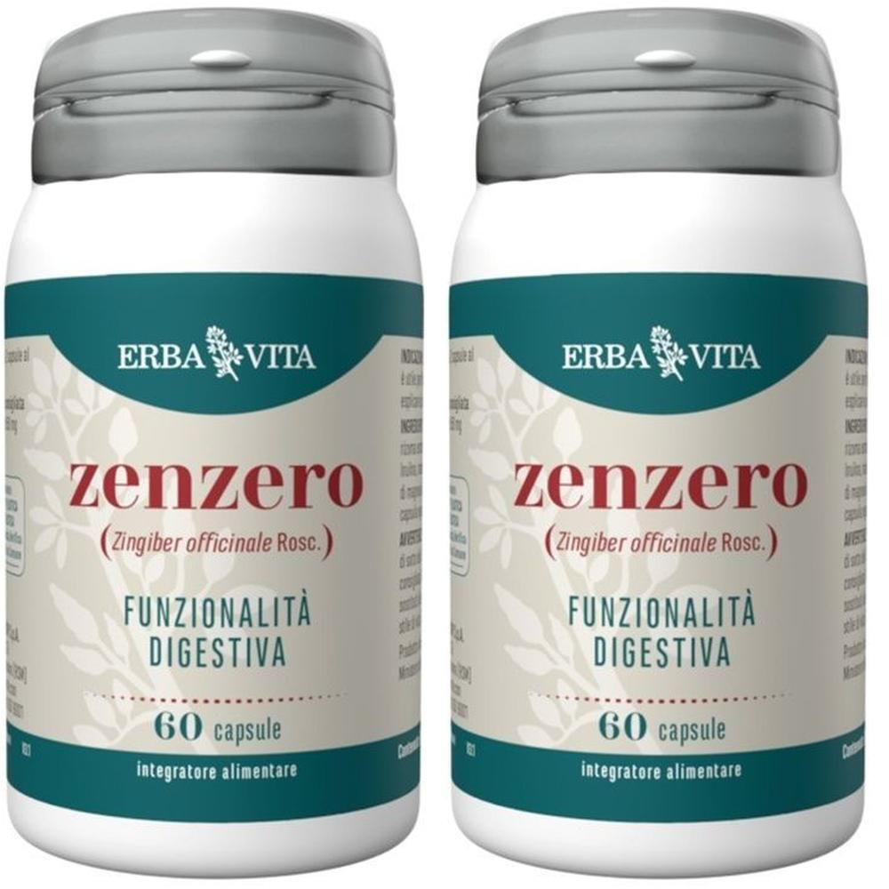 Due flaconi di Erba Vita Zenzero capsule, 60 capsule per flacone, per la funzionalità digestiva.