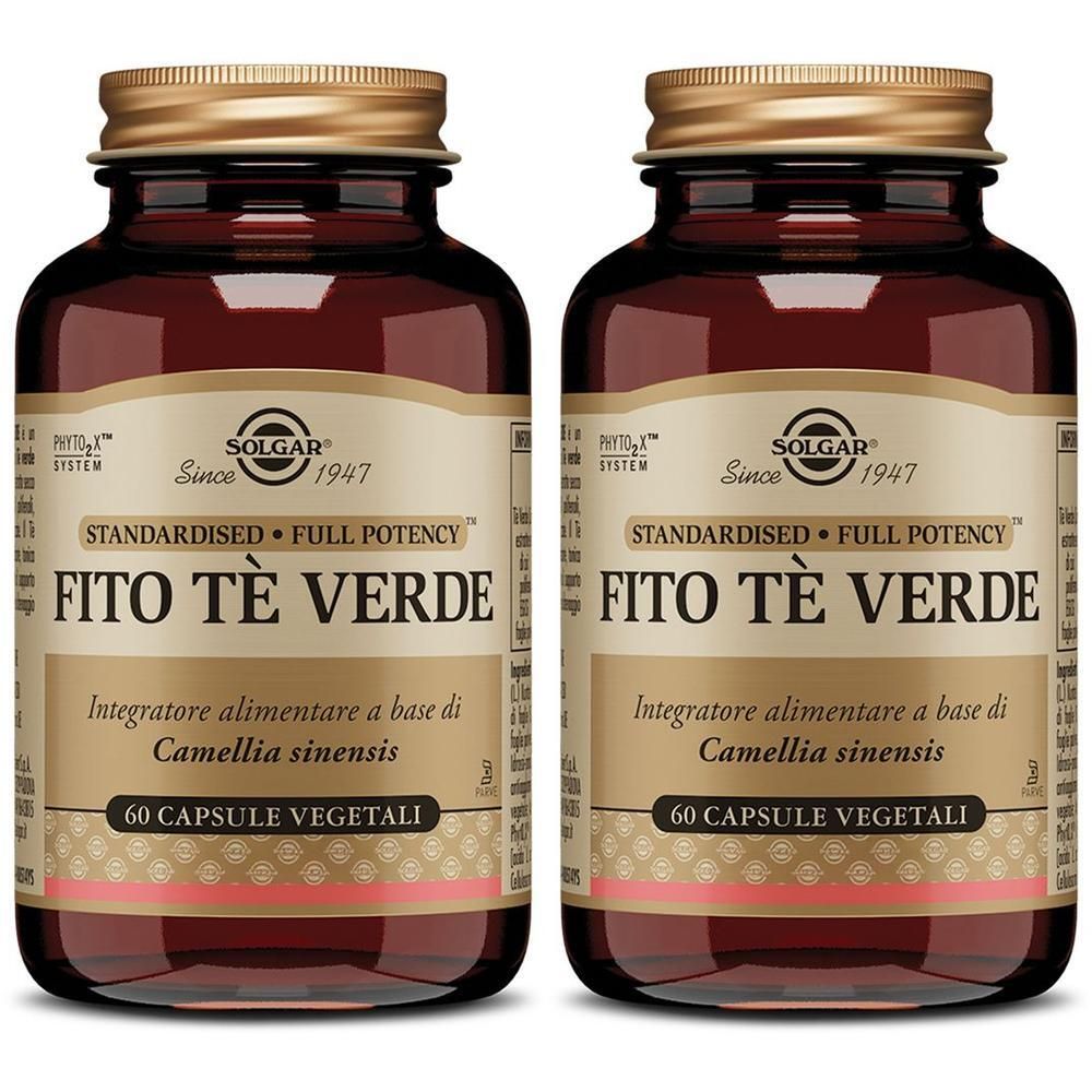 Due flaconi di SOLGAR Fito Tè Verde, 60 capsule vegetali per flacone.
