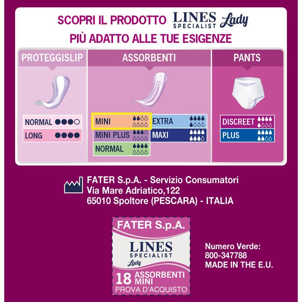 Panoramica della gamma prodotti Lines Specialist Lady: Proteggislip, Assorbenti, Pants.