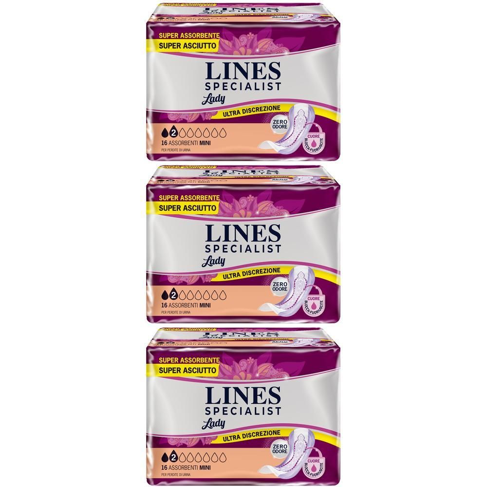 Tre confezioni di assorbenti Lines Specialist Lady Mini, super assorbenza, ultra discrezione.