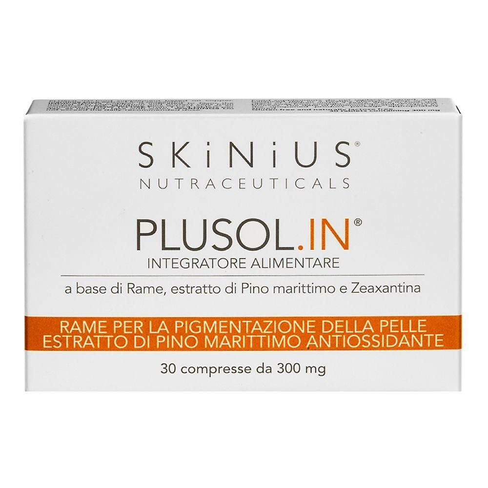 Confezione di PLUSOL.IN, integratore alimentare a base di Rame, estratto di Pino Marittimo e Zeaxantina. Contiene 30 compresse.