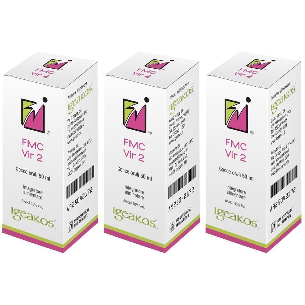 Tre scatole di FMC Vir 2, gocce orali, 50 ml. Logo Igeakos e informazioni prodotto visibili.