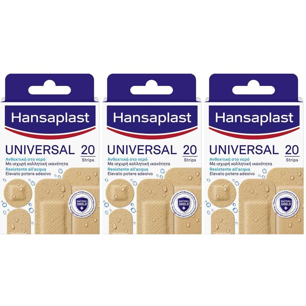 Tre confezioni di cerotti Hansaplast Universal, 20 pezzi, impermeabili e traspiranti.