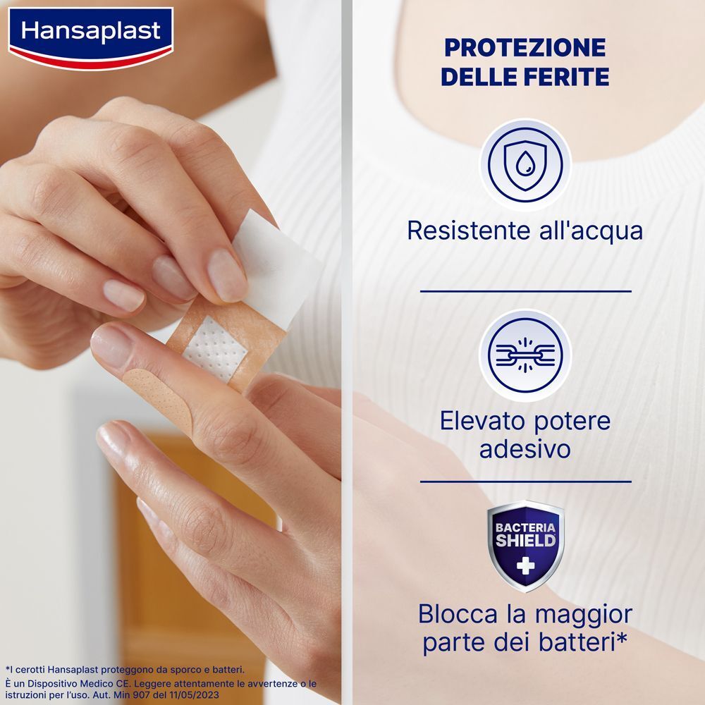 Cerotti Hansaplast Universal: resistenti all'acqua, forte adesività, bloccano i batteri.