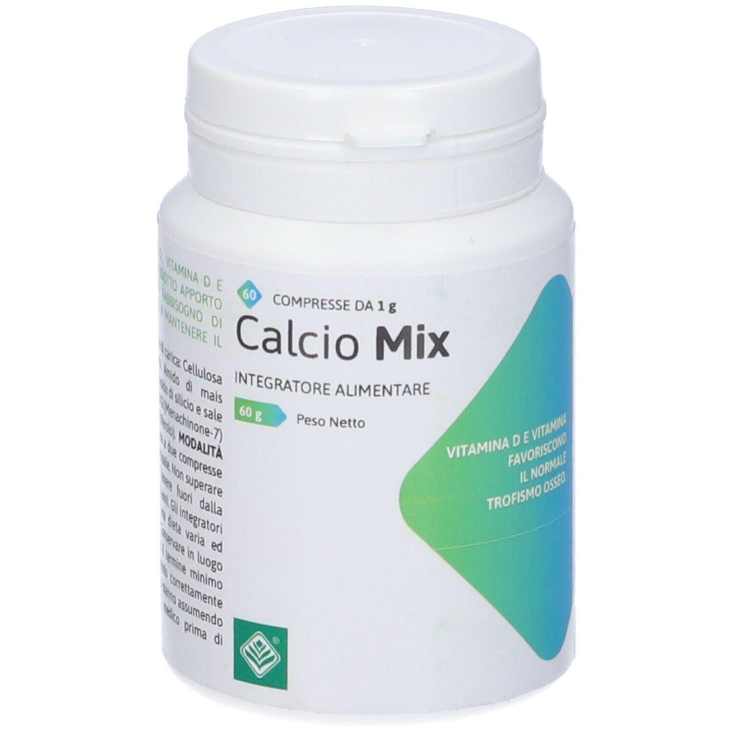 Un barattolo bianco Calcio Mix, 60g, 60 compresse da 1g. Contiene Vitamina D ed E per la salute delle ossa.