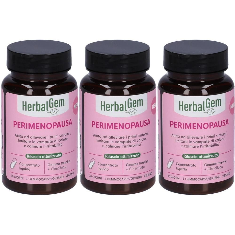 Tre flaconi di capsule Herbal Gem Perimenopausa con tappo nero ed etichetta rosa.