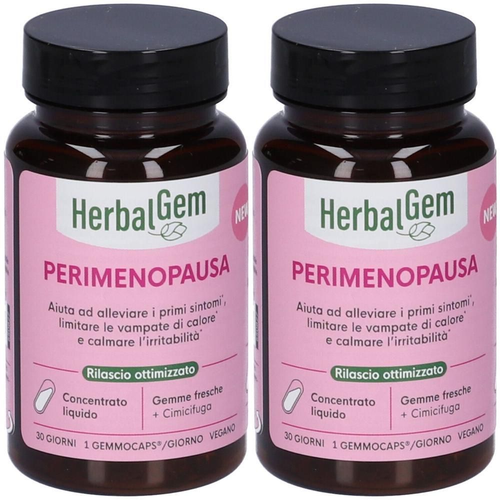 Due flaconi di capsule Herbal Gem Perimenopausa con tappi neri ed etichette rosa.
