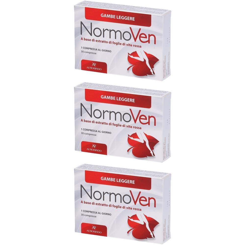 Tre confezioni di compresse NormoVen con simbolo foglia di vite rossa. Per gambe leggere.