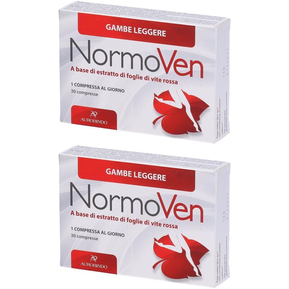 Due confezioni di compresse NormoVen con motivo a foglia rossa e immagine di gamba.