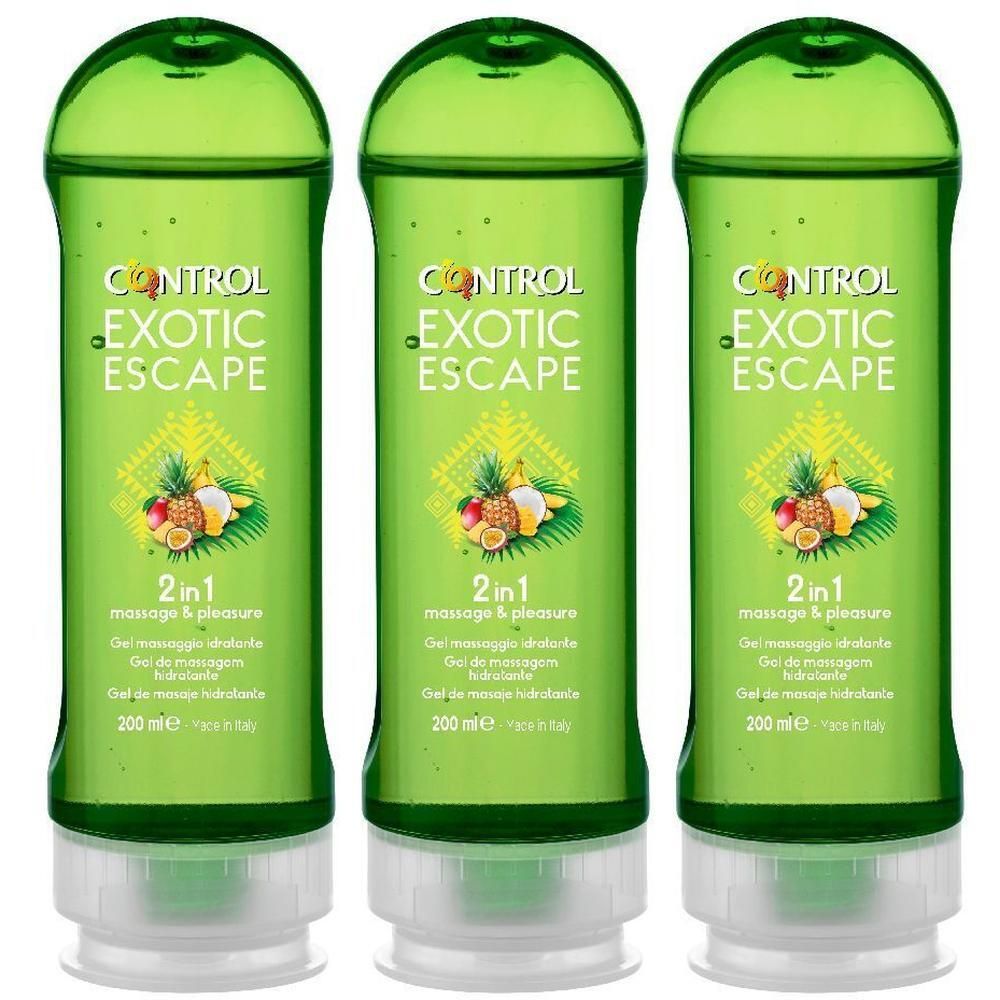 Tre flaconi verdi di gel da massaggio 'Control Exotic Escape', 200ml.