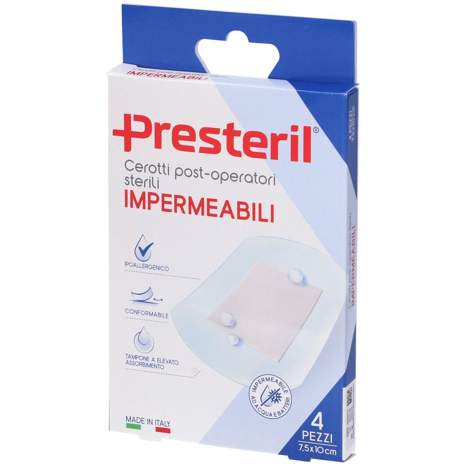 Tre confezioni da 4 cerotti post-operatori sterili e impermeabili, 7,5x10cm.
