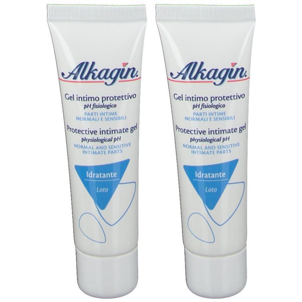 Due tubi di gel intimo protettivo Alkagin a pH fisiologico.