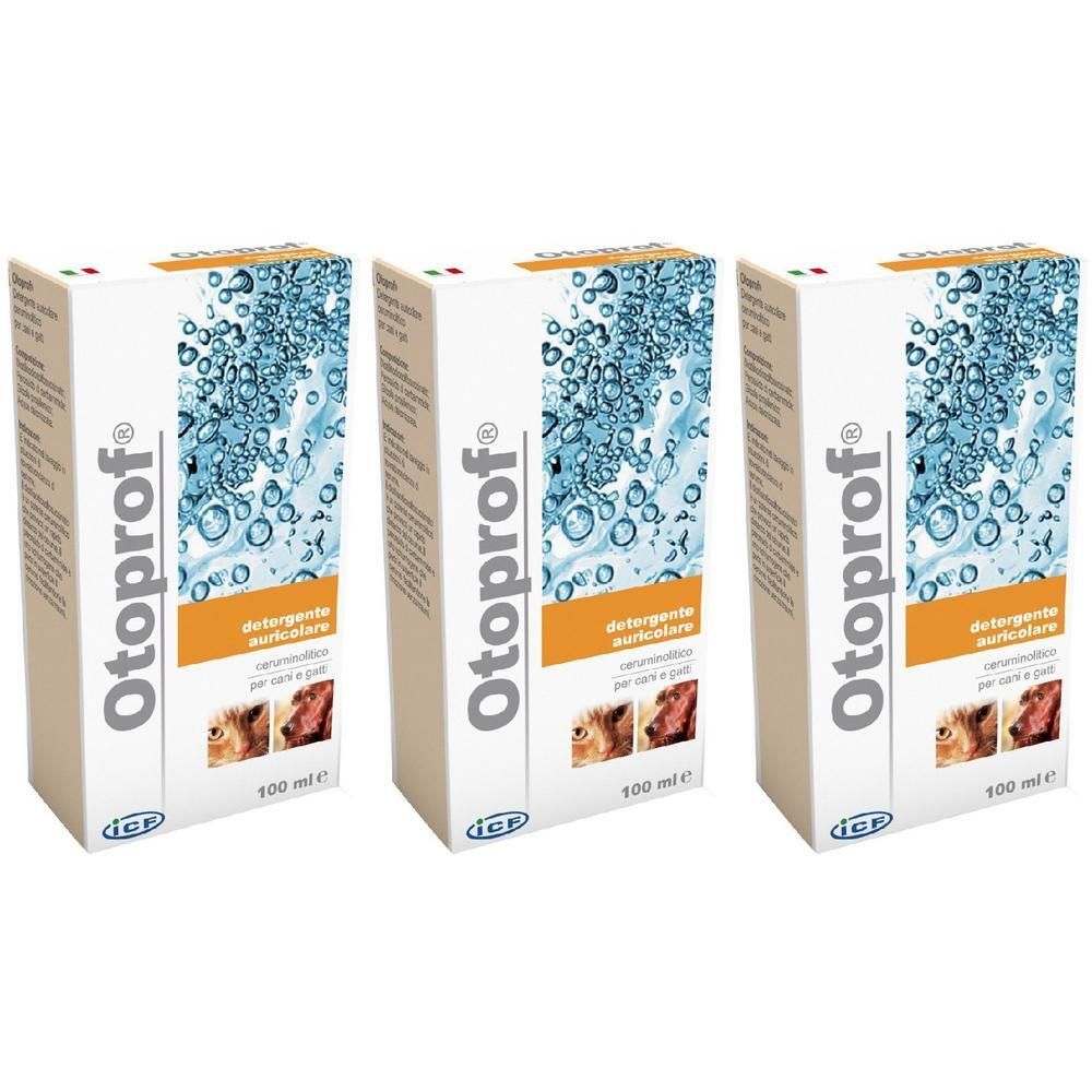 Tre confezioni di Otoprof detergente auricolare per cani e gatti, 100 ml ciascuna.
