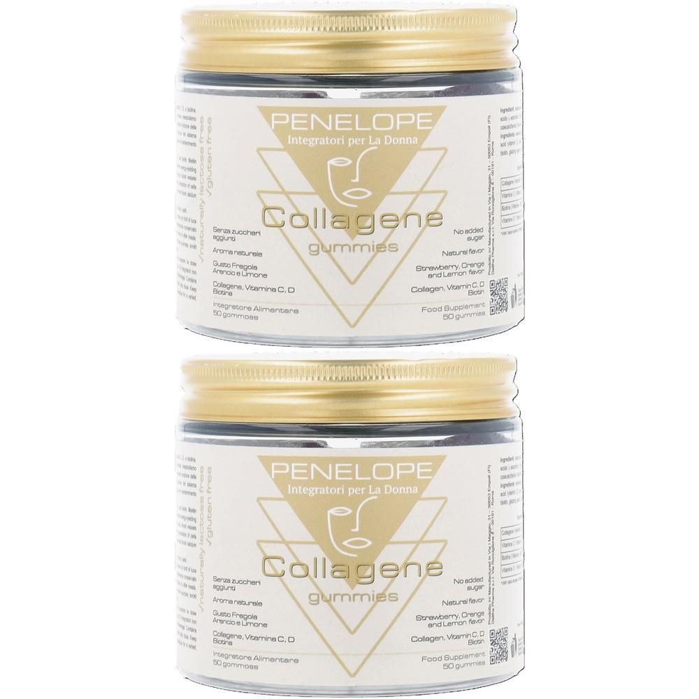 Due barattoli di caramelle gommose al collagene Penelope con tappi dorati. Contiene collagene, Vitamina C & D.