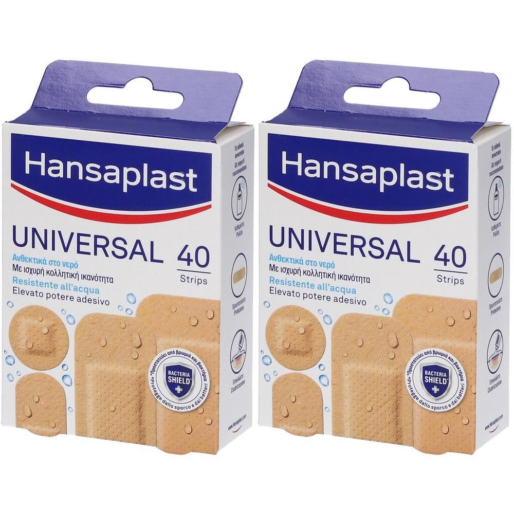 Due confezioni di cerotti Hansaplast Universal, 40 pezzi ciascuna. Impermeabili e traspiranti.
