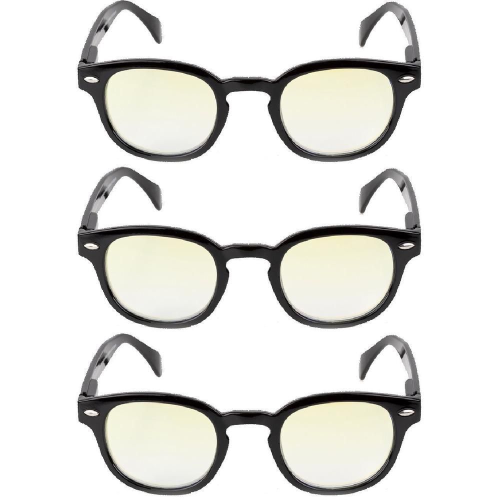 Tre paia di occhiali protettivi neri con lenti rotonde e montatura nera.