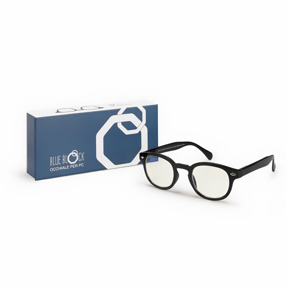 Occhiali neri anti luce blu con scatola.