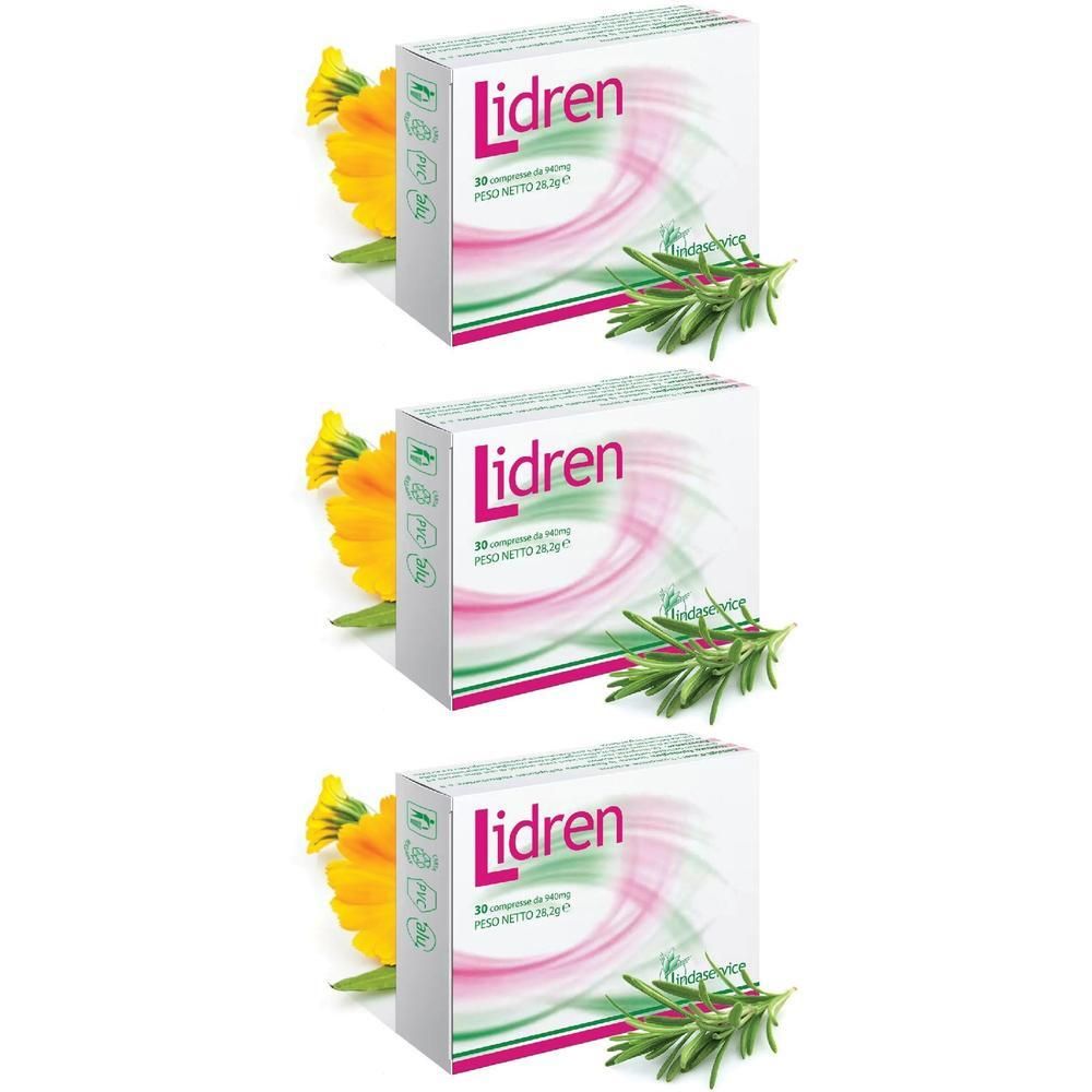 Tre confezioni di Lidren da 30 compresse, decorate con fiori e rosmarino.
