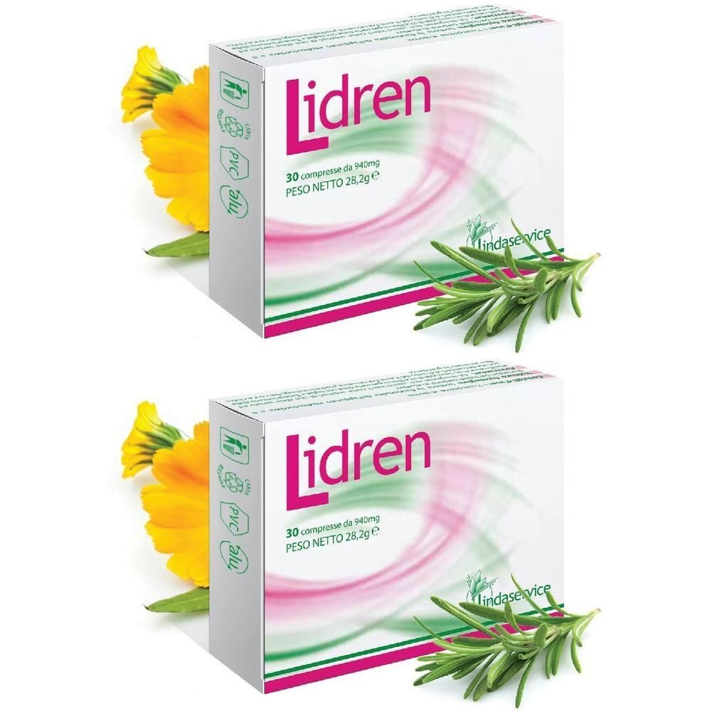 Due confezioni di Lidren da 30 compresse, con fiori e rosmarino.