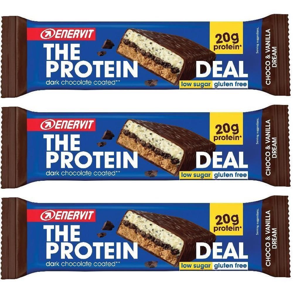 Tre barrette proteiche ENERVIT Choco & Vanilla Dream, 20g di proteine ciascuna, a basso contenuto di zuccheri e senza glutine.