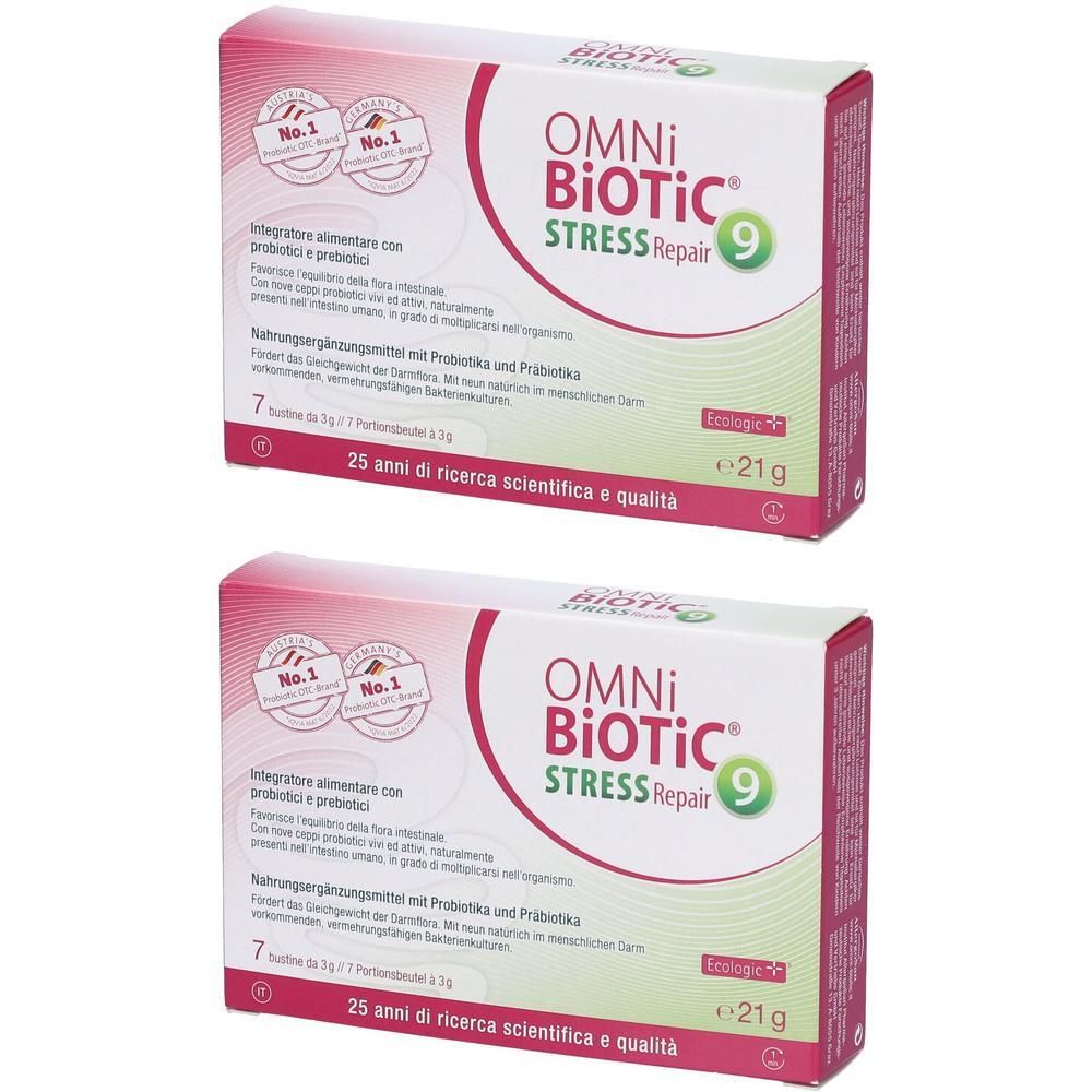 Due confezioni Omni Biotic Stress Repair 9, ciascuna con 7 bustine da 3g. Peso totale 21g.