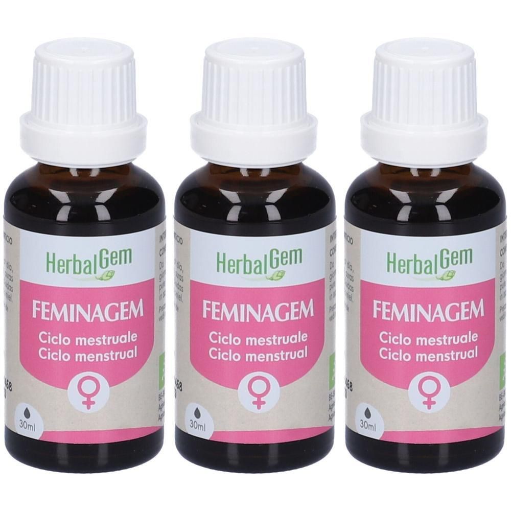Tre flaconi HerbalGem Faminagem con tappo a vite bianco ed etichetta.