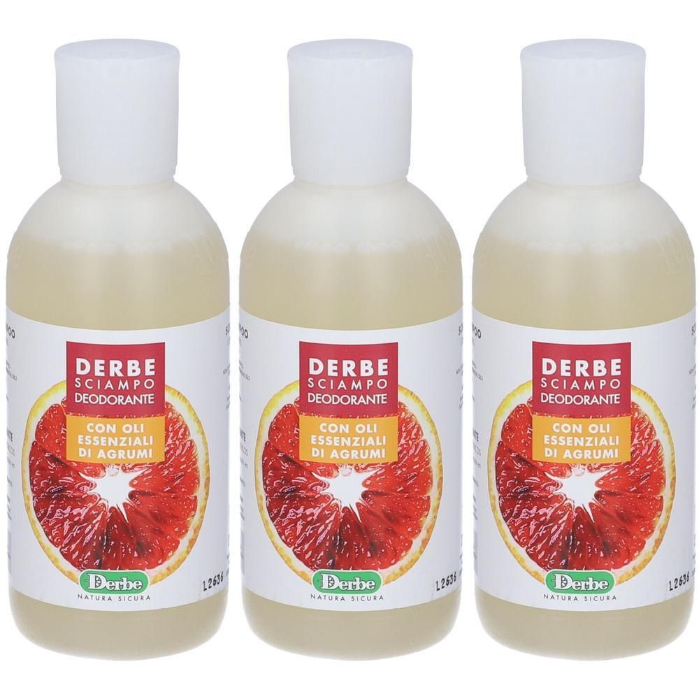 Tre flaconi di Derbe Shampoo Deodorante con stampa di arancia rossa.