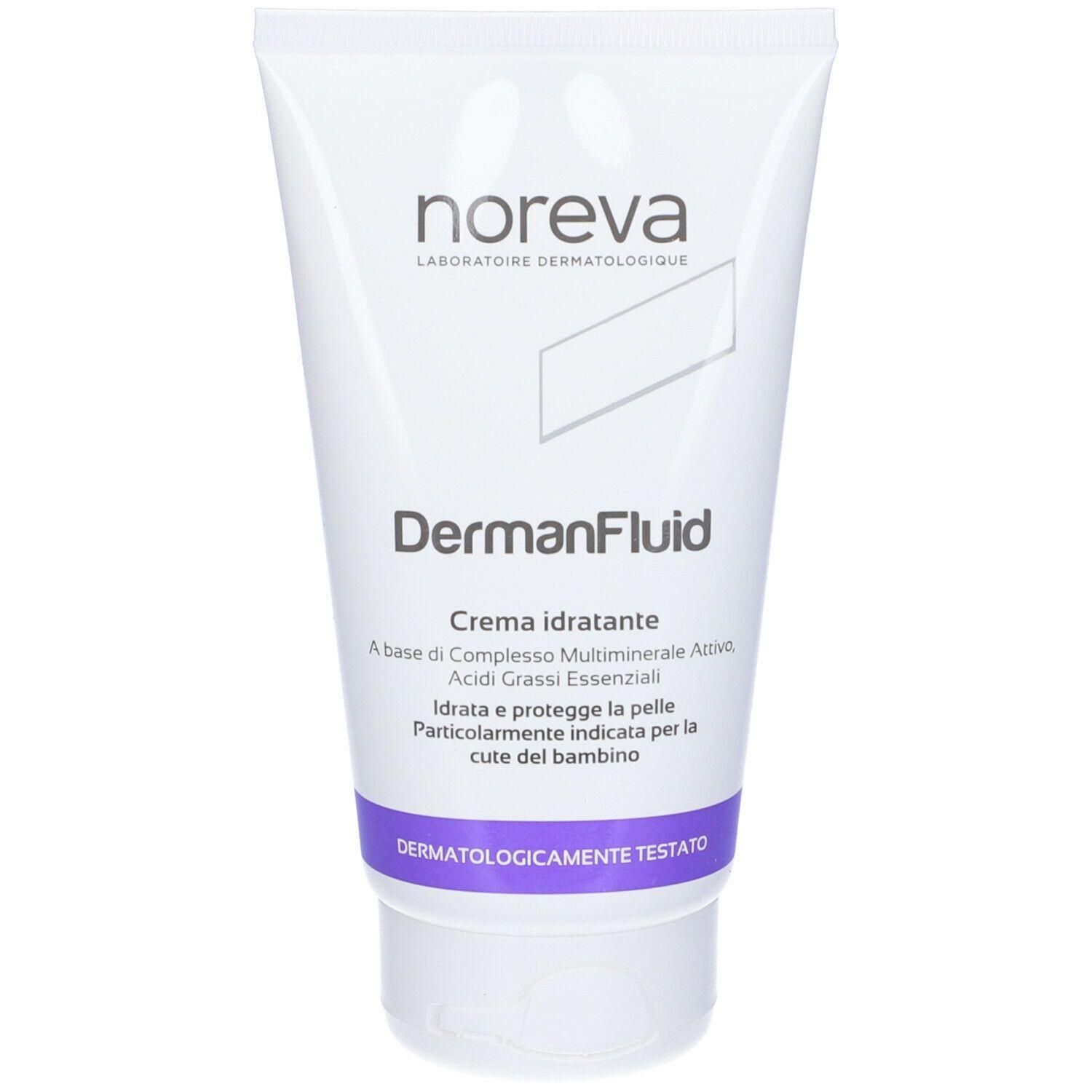 Noreva DermanFluid Crema idratante in tubo bianco con accenti viola. Testato dermatologicamente.
