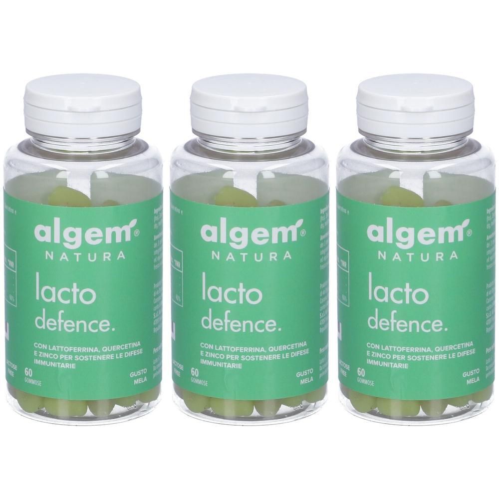 Tre flaconi di Algem Natura Lacto Defence gommose, 60 pezzi ciascuno. Etichette verdi con scritte bianche.