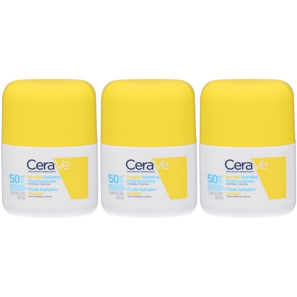 Tre flaconi di protezione solare CeraVe SPF50 con tappi gialli.