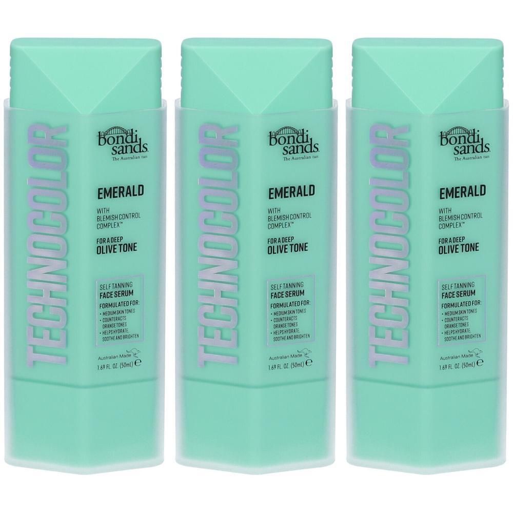 Tre flaconi di siero viso autoabbronzante Bondi Sands Technocolor Emerald con complesso anti-imperfezioni.