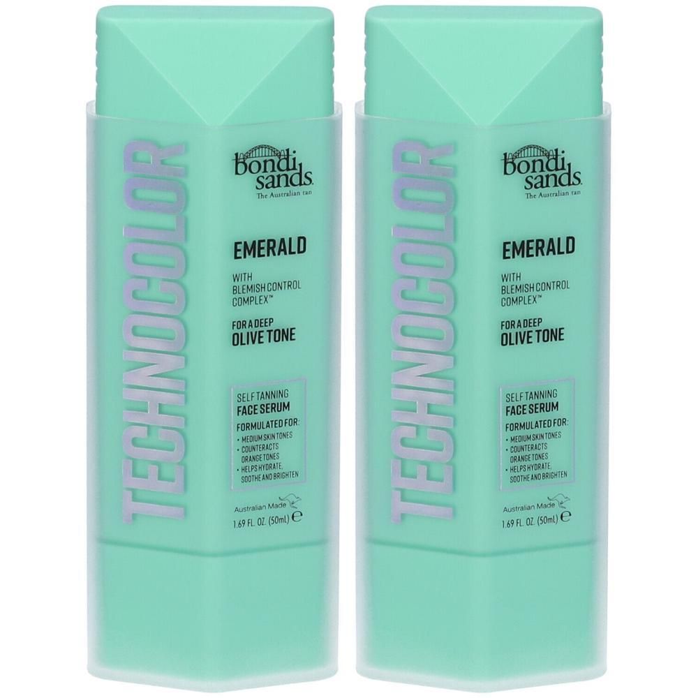 Due flaconi di siero viso autoabbronzante Bondi Sands Technocolor Emerald, 50ml.