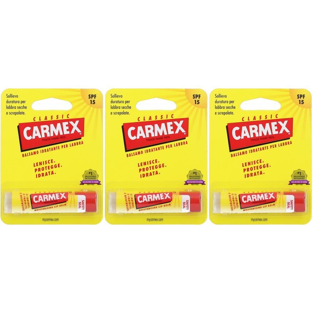 Tre stick di balsamo labbra Carmex Classic con SPF 15 su blister giallo.
