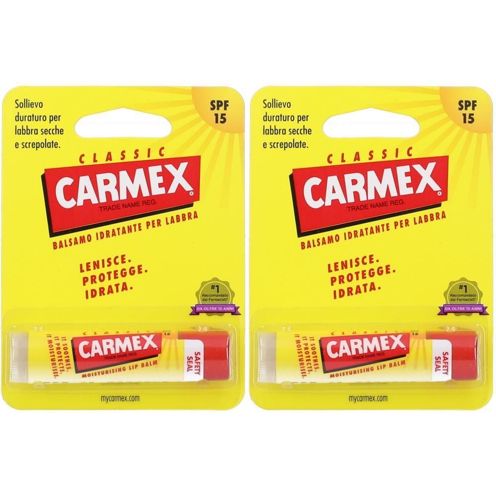 Due balsami labbra Carmex SPF 15 in confezione gialla.