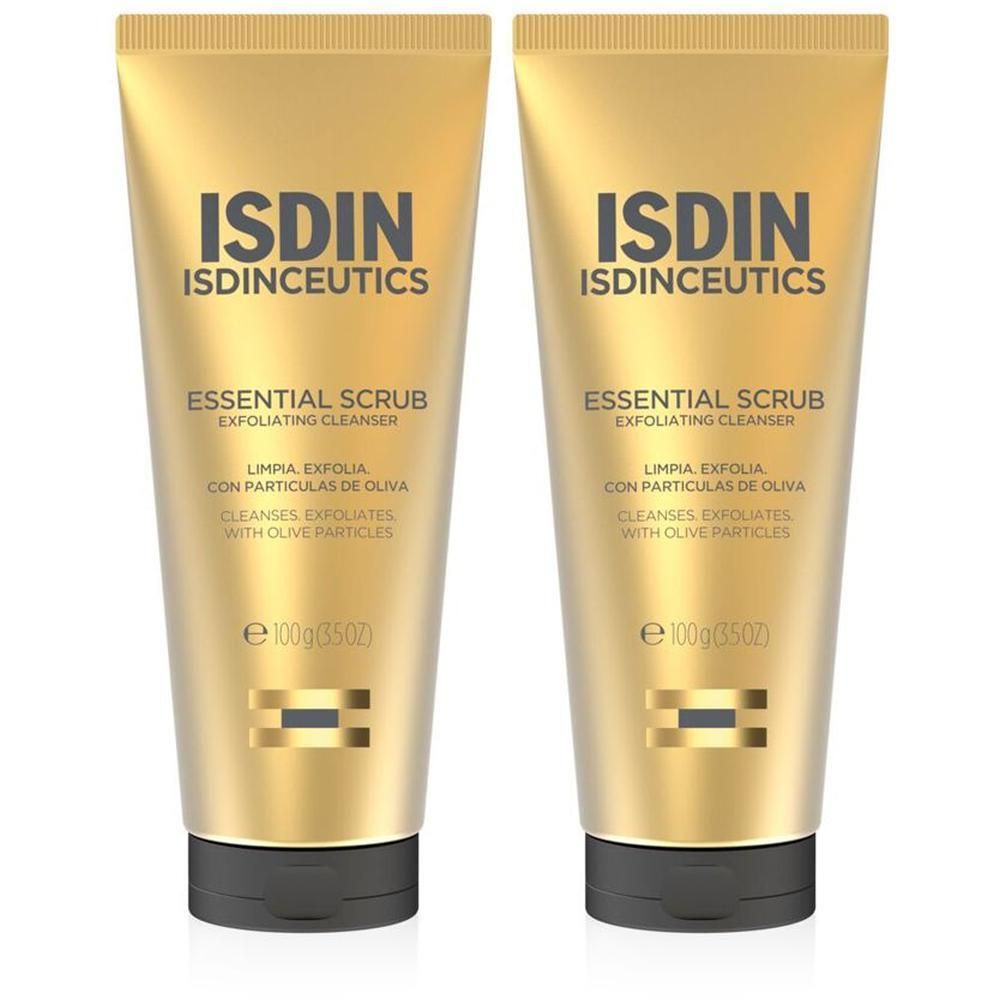 Due tubi dorati ISDIN Isdinceutics Essential Scrub con tappo nero. Ogni tubo indica 100g (3.5oz).